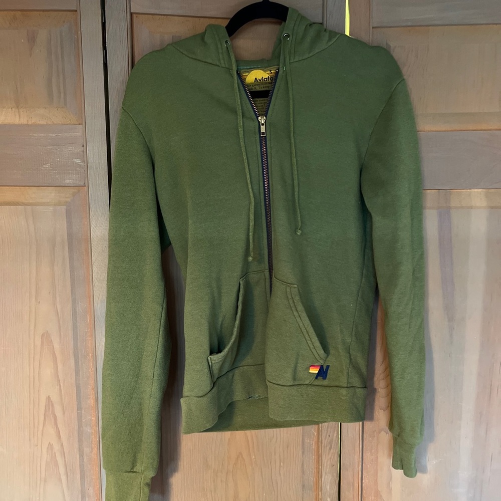 Aviator Nation Olive Green Lightning Bolt Hoodie Metallic Gold Bolt S